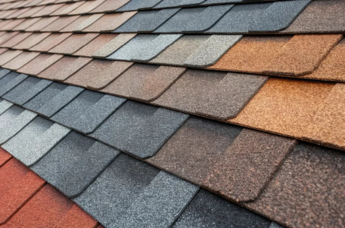 Layered roofing shingle samples displaying multiple color options including red brown blue gray beige and copper tones