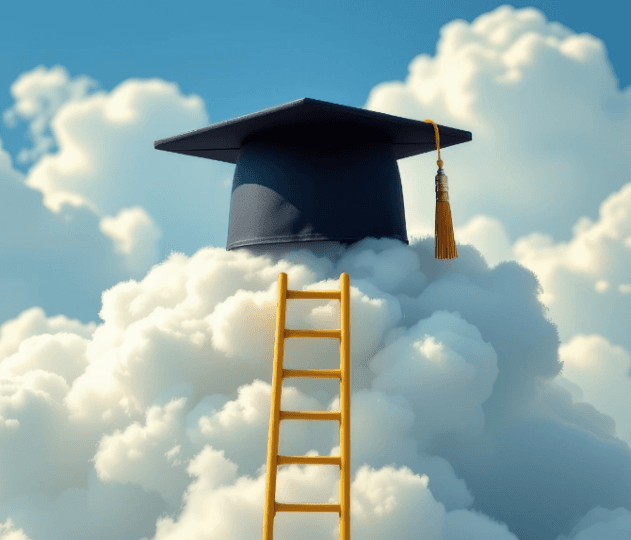 Graduation cap with gold tassel floating above white clouds with wooden ladder symbolizing educational achievement Mobile