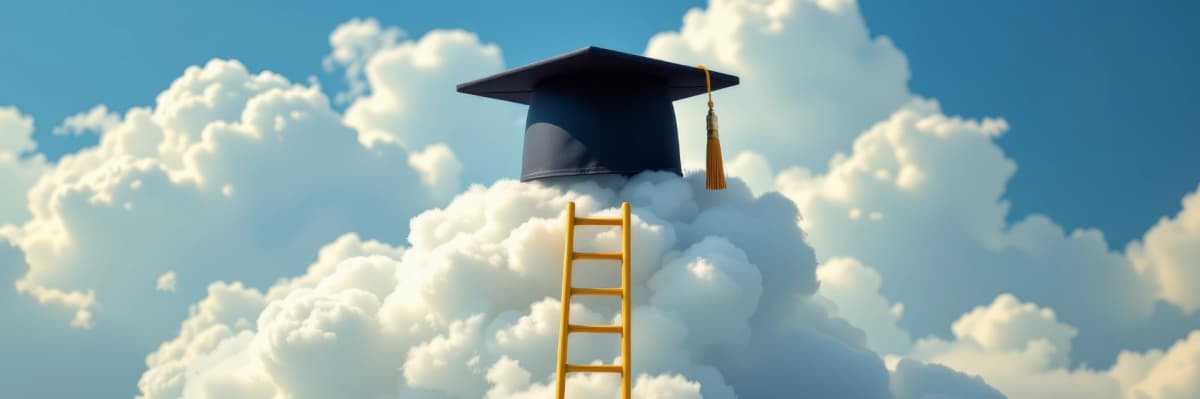 Graduation cap with gold tassel floating above white clouds with wooden ladder symbolizing educational achievement