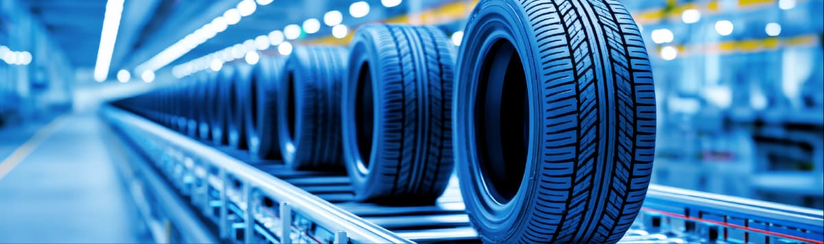 Automotive tires moving on a production line in a modern manufacturing facility