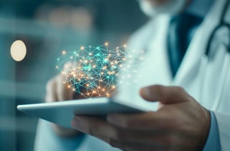 Digital visualization of neural network or brain structure above tablet symbolizing artificial intelligence and connectivity