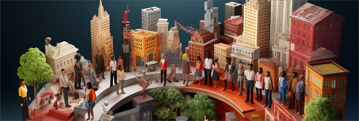 Conceptual illustration of a diverse urban community collaborating within a circular city model