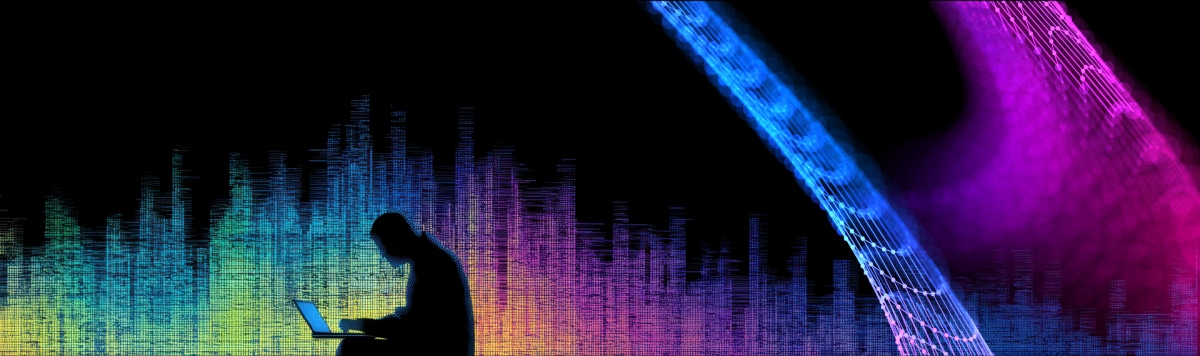 Neon data streams surround a laptop user, symbolizing AI connecting semiconductor engineers with answers.