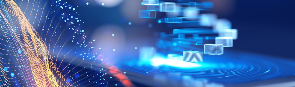 Futuristic blue digital data blocks and orange particle waves illustrating healthcare data connectivity.