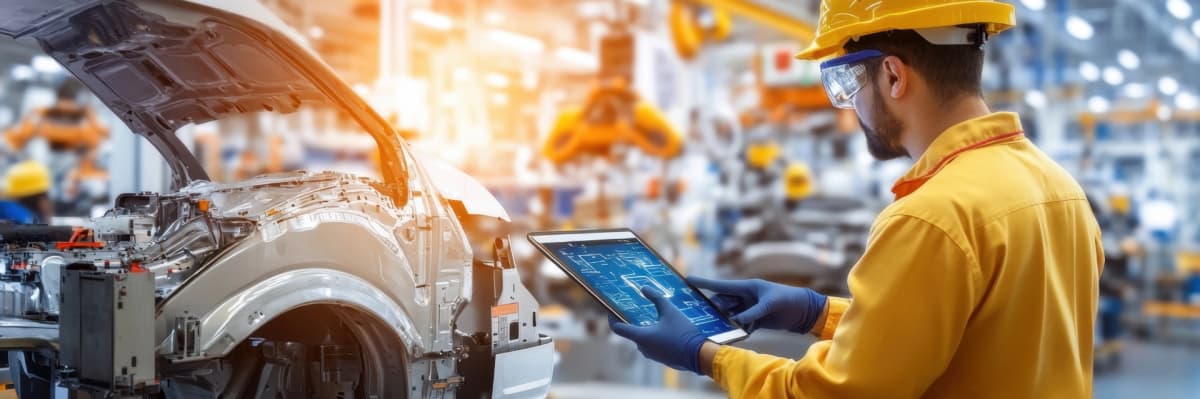 Manufacturing engineer in yellow safety gear using tablet for quality control in automated automotive assembly facility