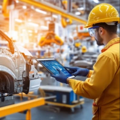 Manufacturing engineer in yellow safety gear using tablet for quality control in automated automotive assembly facility