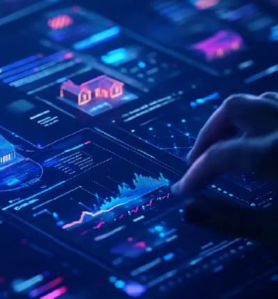 3D smart home hologram with data analytics charts and graphs on futuristic blue digital interface dashboard