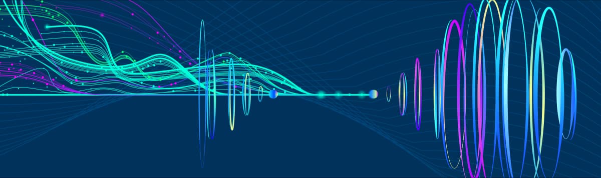 Blue digital tunnel with binary code and motion blur lights representing high-speed data transfer and technology