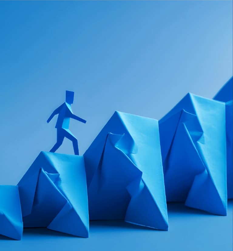 Abstract blue figure climbing geometric steps symbolizing business growth and strategic progress