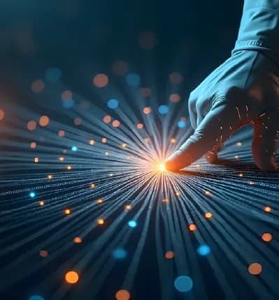 Business hand touching glowing digital network with radiating light beams and data particles on dark background