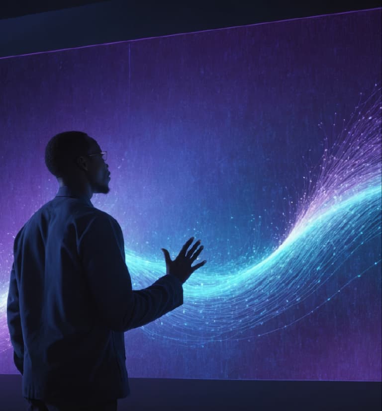 Man interacting with glowing AI data visualization wave representing digital transformation and machine learning.