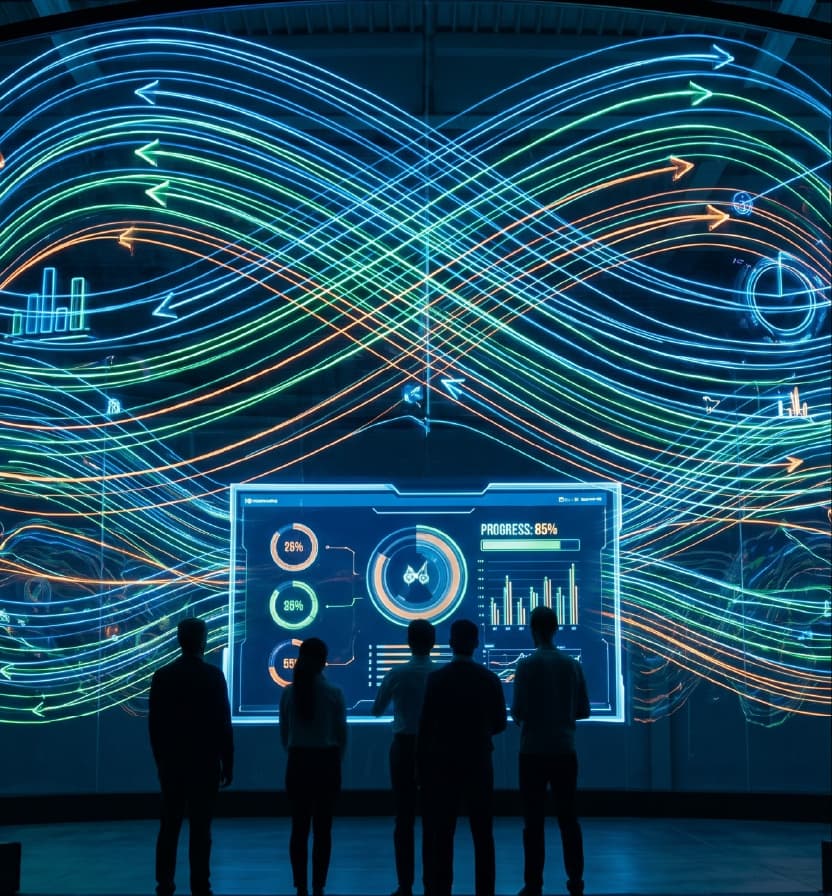 Team viewing a supply chain visibility for manufacturing dashboard with glowing data streams linking ERP, MES, and CRM