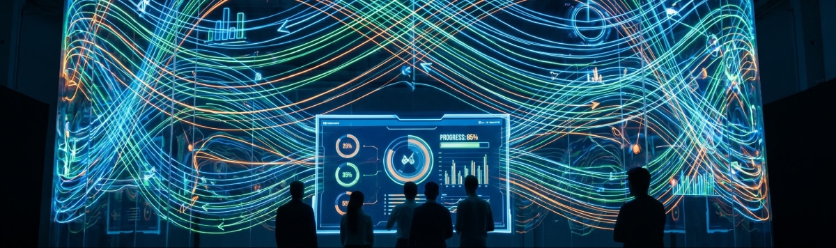 Team viewing a supply chain visibility for manufacturing dashboard with glowing data streams linking ERP, MES, and CRM