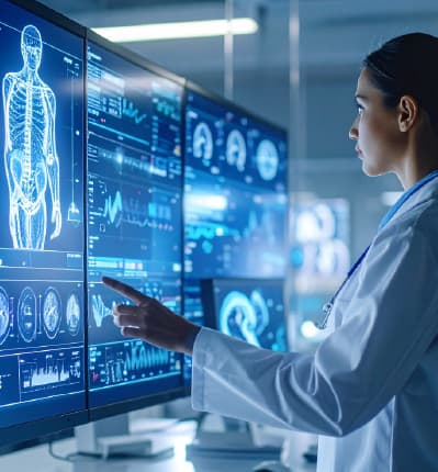 Doctor analyzing patient diagnostics on multiple screens displaying brain scans, skeletal images, and real-time vital signs
