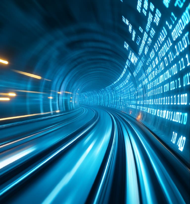 Blue digital tunnel with binary code and motion blur lights representing high-speed data transfer and technology