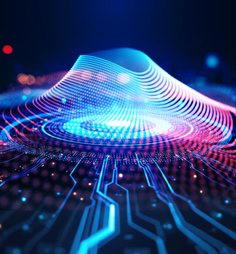 Abstract digital mountain formed by flowing blue pink and purple light waves with particle dots on dark background