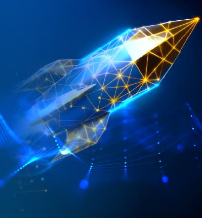 Two people shaking hands with glowing digital lines symbolizing partnership and collaboration.