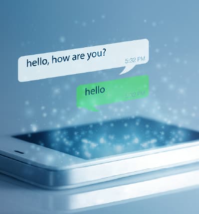 Floating chat bubbles above a smartphone represent digital communication for medical device patient support.