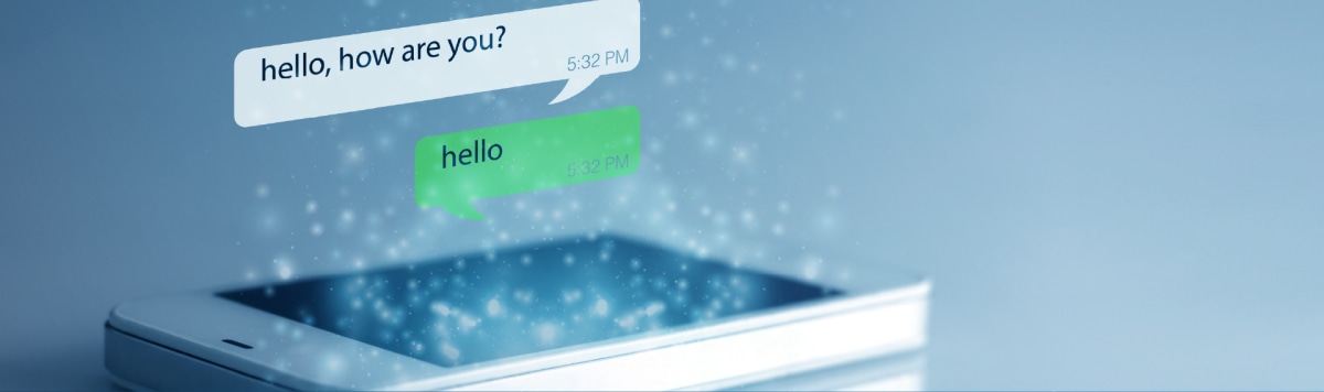 Floating chat bubbles above a smartphone represent digital communication for medical device patient support.