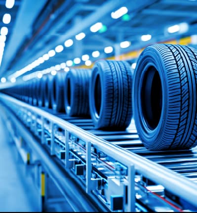 Automotive tires moving on a production line in a modern manufacturing facility Mobile