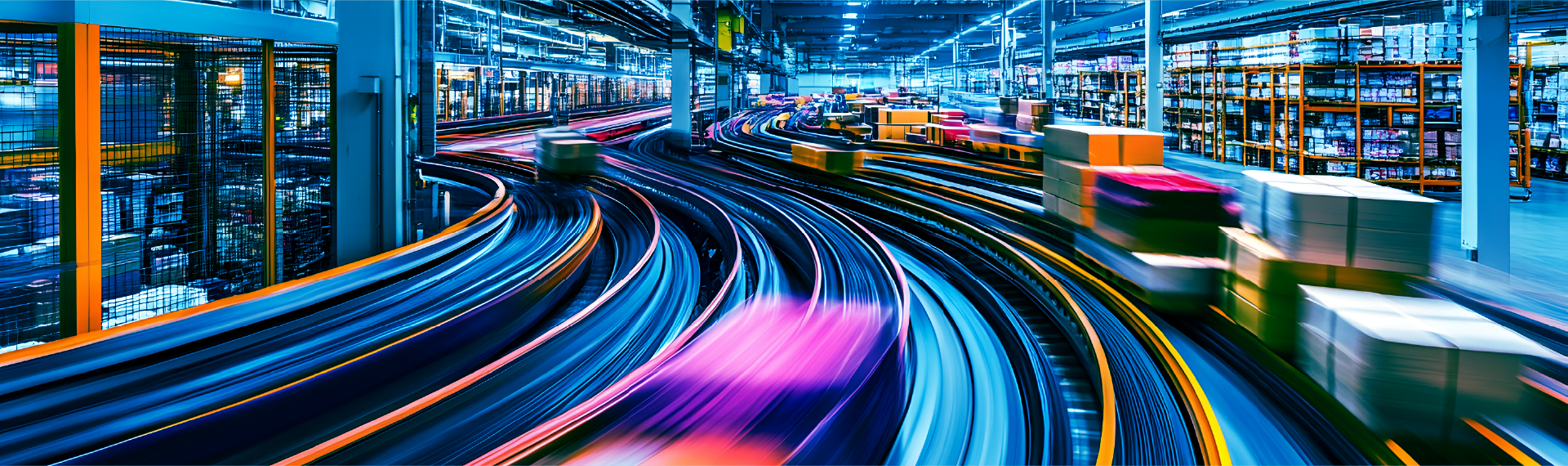 Automated warehouse with colorful light trails showing high-speed conveyor systems and efficient inventory movement in motion