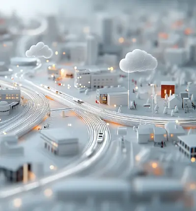 Conceptual illustration of a smart city connected through cloud computing and data networks