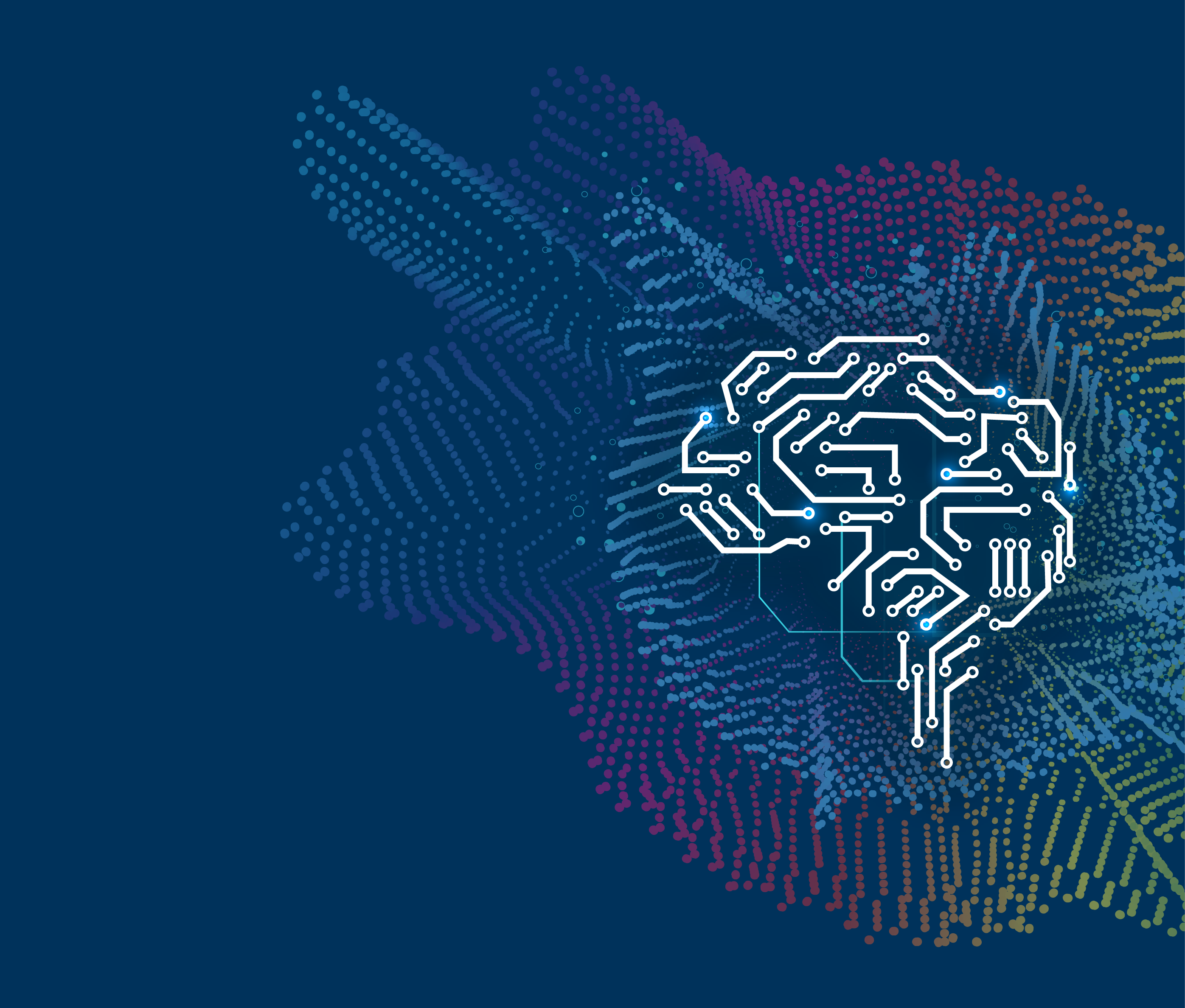 Digital brain circuit illustration with glowing connections on dark blue tech background showing AI concept