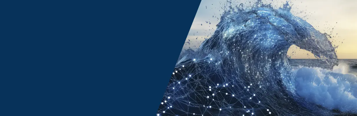 Large ocean wave blended with glowing digital network lines symbolizing data and technology.