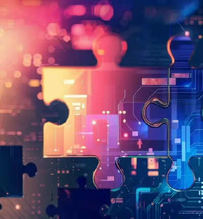 Abstract puzzle pieces connected with digital circuit lines symbolizing technology integration and data connection