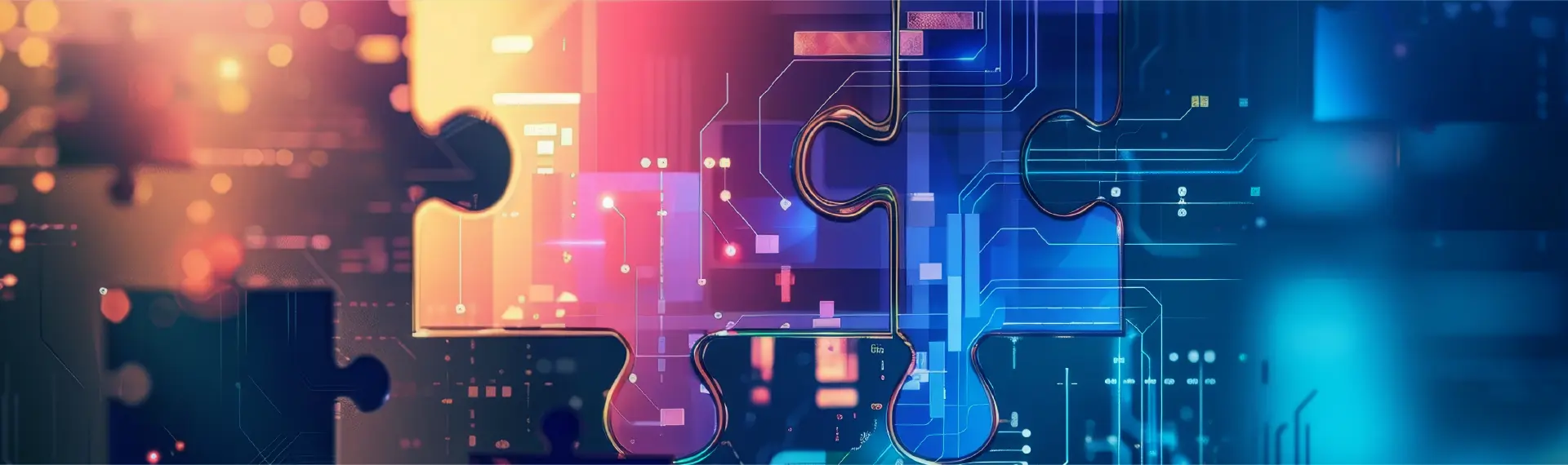 Abstract puzzle pieces connected with digital circuit lines symbolizing technology integration and data connection