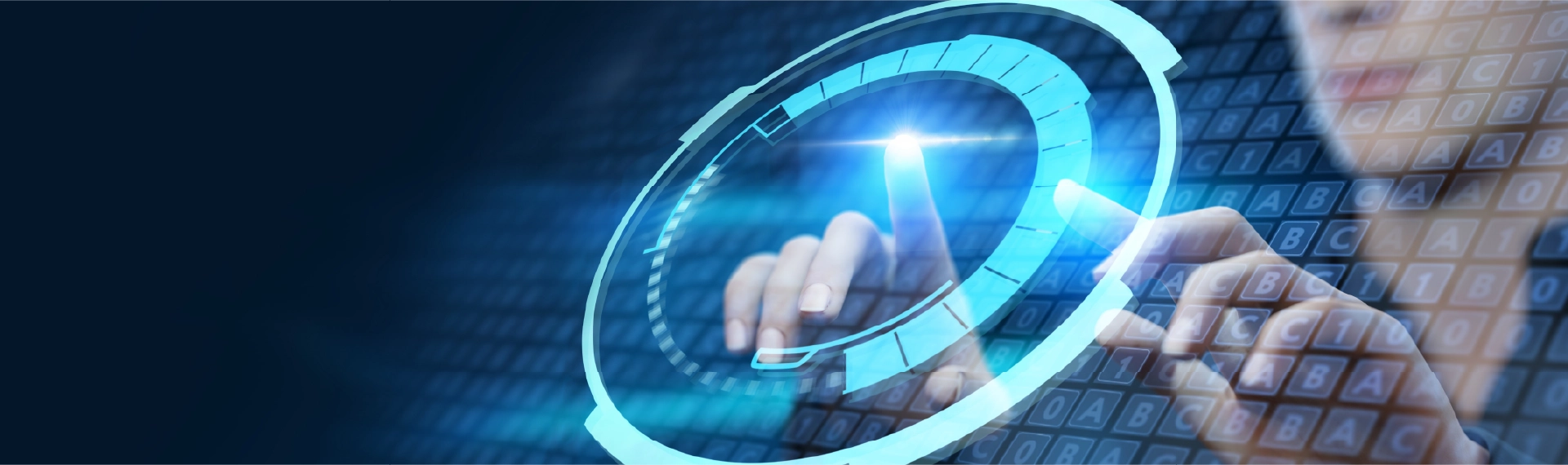 Person interacting with digital touchscreen interface displaying AI and futuristic technology elements