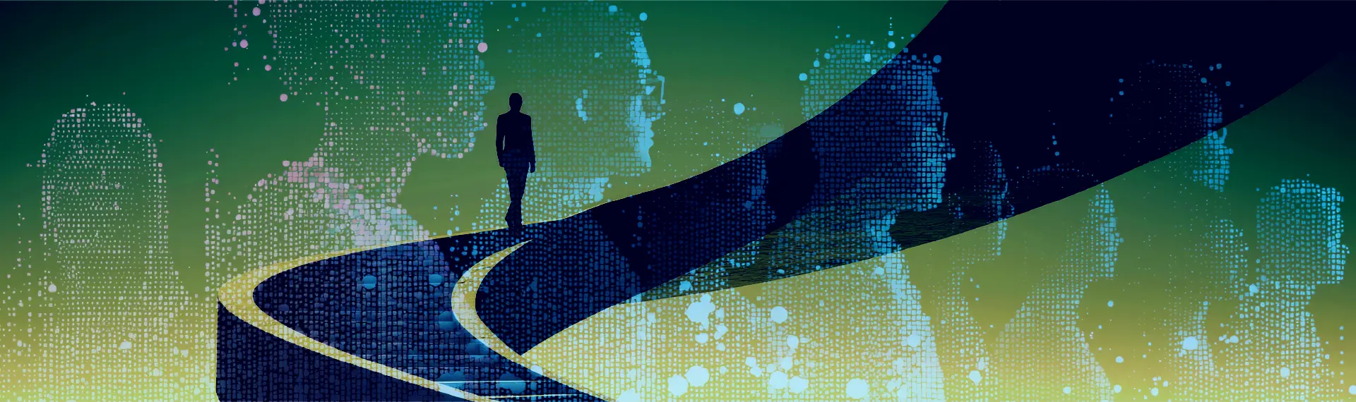 Abstract image of a person walking on a digital path surrounded by silhouettes made of data points, symbolizing AI-driven digital transformation and innovation journey