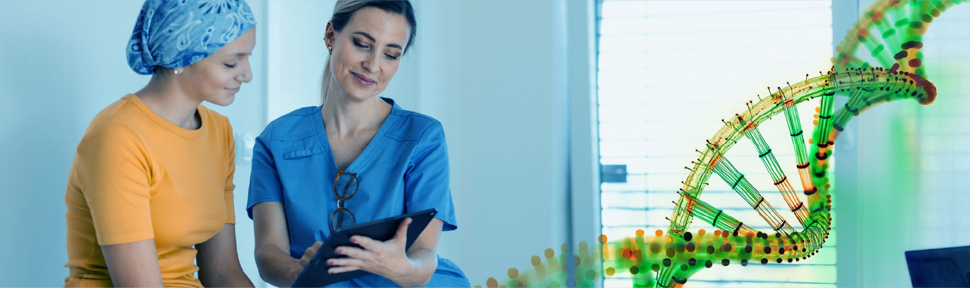 Nurse showing medical information to a patient with a headscarf beside a digital DNA graphic.