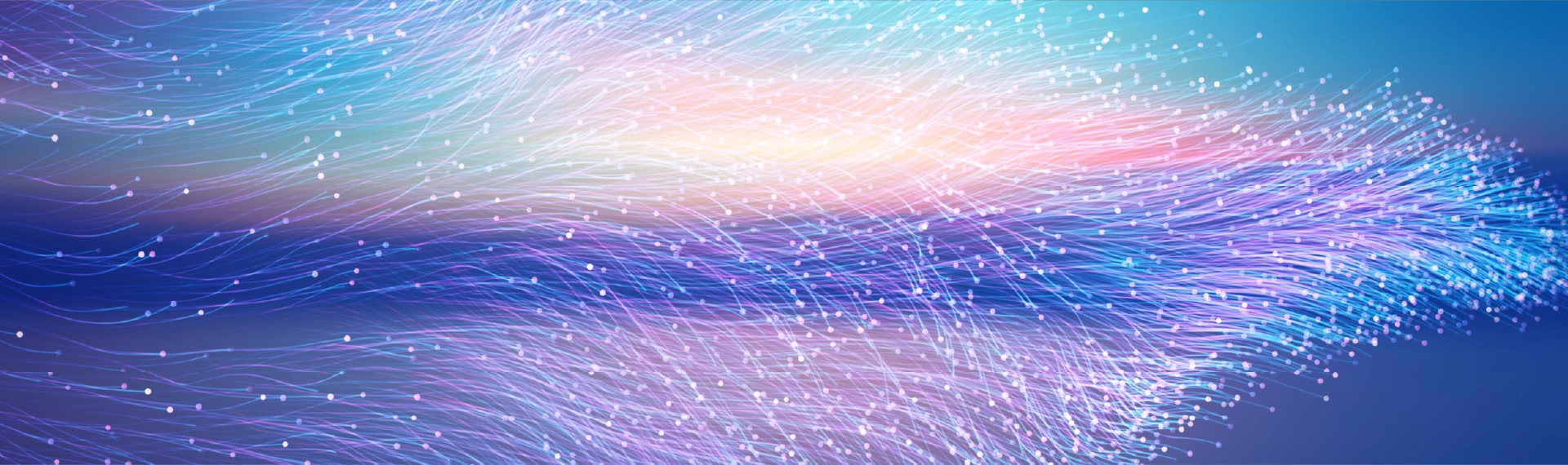 Colorful flowing fiber optic lines with glowing dots representing data flow network connectivity and digital technology