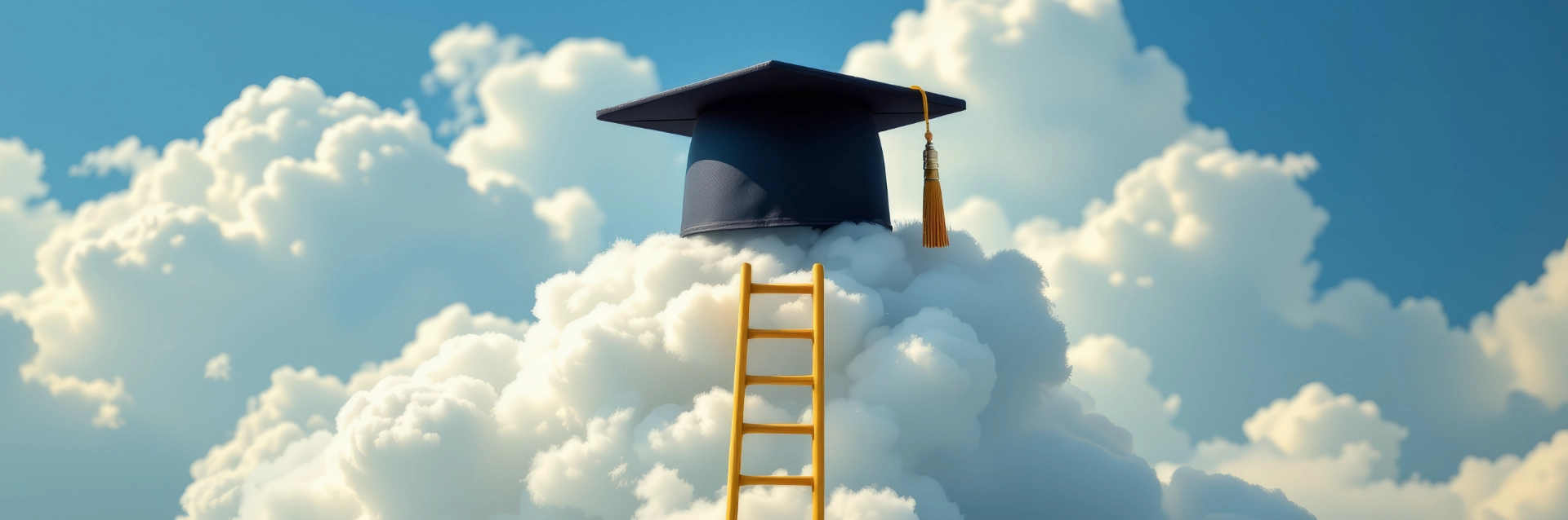 Graduation cap with gold tassel floating above white clouds with wooden ladder symbolizing educational achievement